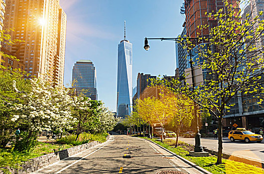 曼哈顿,金融区,自行车道,一个,世贸中心,纽约,美国