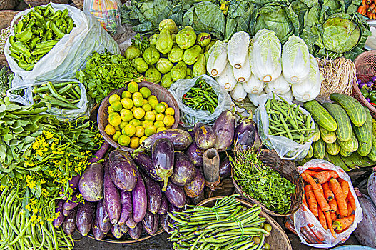蔬菜,新鲜水果,出售,市场,靠近,蒲甘,缅甸
