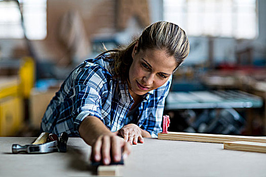 女性,木匠,擦,厚木板,工作间