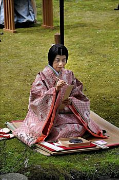 日本,女人,和服,时期,文字,刷,坐,日本神道,典礼,神祠,京都,亚洲