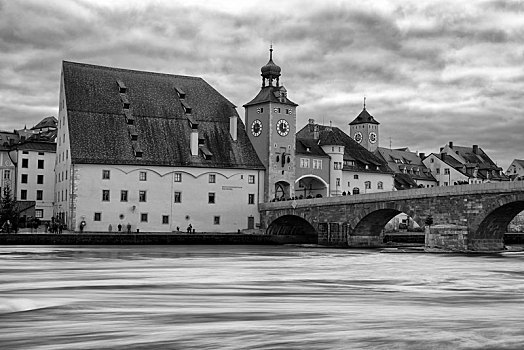 中世纪,石头,拱桥,上方,多瑙河,古建筑,城门,雷根斯堡,德国