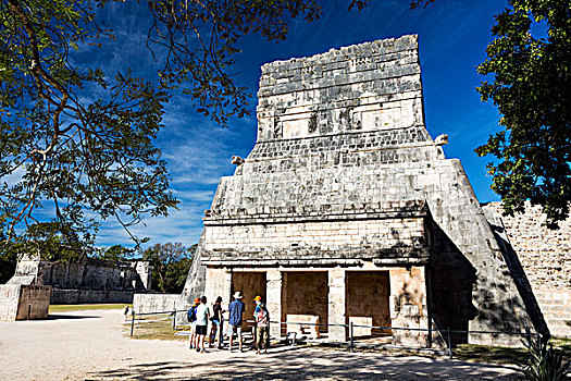 古老,玛雅,庙宇,框架,树,旅游,蓝天,奇琴伊察,尤卡坦半岛,墨西哥