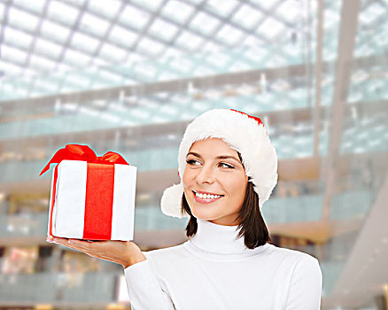 圣诞节,冬天,高兴,休假,人,概念,微笑,女人,圣诞老人,帽子,礼盒,上方,购物中心,背景