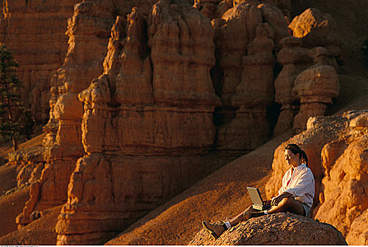 坐,女人,岩石上,使用笔记本,电脑