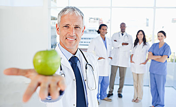 医疗,实习医师,背景,看,博士,拿着,苹果