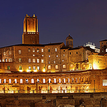 市场,塔,古罗马广场,夜晚,罗马,拉齐奥,意大利,欧洲