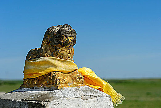 雕塑,狮子,黄色,祈祷,围巾,寺院,世界遗产,鄂尔浑峡谷,前杭爱省,蒙古,亚洲