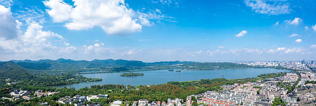 浙江省杭州市西湖三岛航拍全景