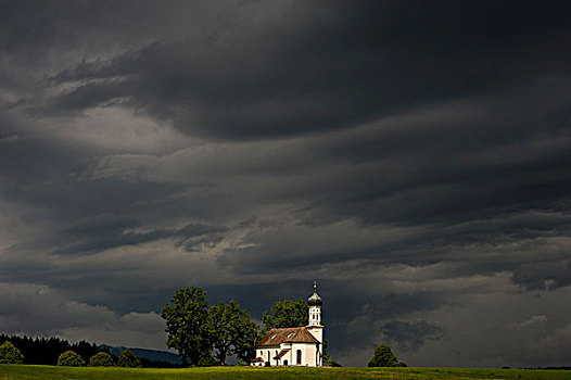 小,小教堂,正面,雷雨天气,上巴伐利亚,巴伐利亚,德国,欧洲