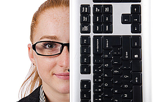 女人,键盘,隔绝,白色背景