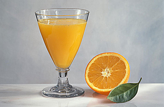 玻璃杯,橙汁,一半,橙子,叶子