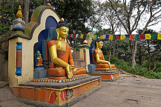 两个,坐佛,雕塑,斯瓦扬布纳特佛塔,加德满都,尼泊尔