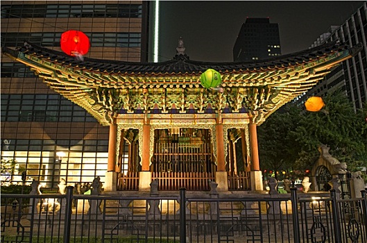 庙宇,中心,首尔,韩国,夜晚