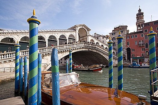 里亚尔托桥,船,木质,柱子,威尼斯,意大利