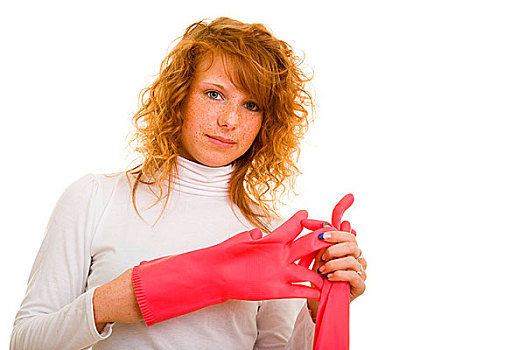 年轻,红发,女人,塑料制品,手套