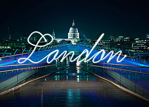 发光,手写,伦敦,正面,千禧桥,夜晚,英国