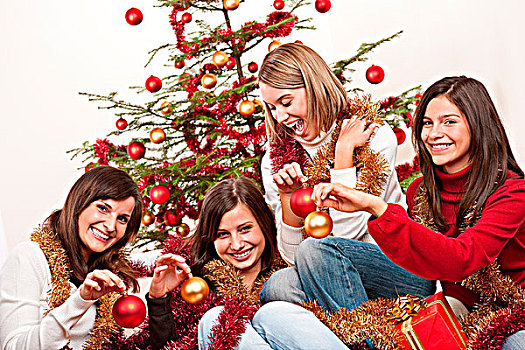 四个,女青年,有趣,圣诞节,正面,树