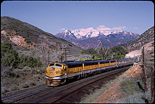 加利福尼亚,列车,雪冠,山,背景,犹他,美国,铁路,柴油车辆,运输,历史