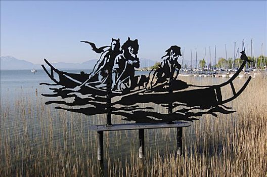 渔船,钢铁,艺术品,雕塑,湖,基姆湖,巴伐利亚,德国,欧洲