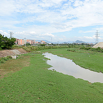 河,绿色,草地,堤岸