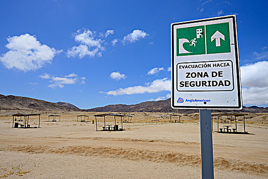海啸,警告标识,靠近,野餐,区域,海滩,国家公园,阿塔卡马沙漠,智利,南美