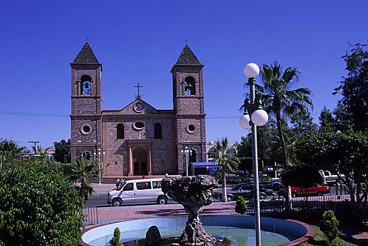 墨西哥,北下加利福尼亚州,广场,城市广场,教堂,背景