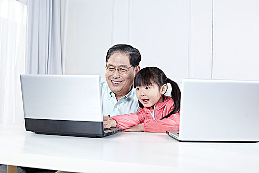 爷爷和孙女一起玩电脑