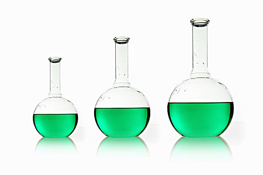 三个,形状,科学,化学品,长颈瓶,拿着,绿色,液体,放置,尺寸
