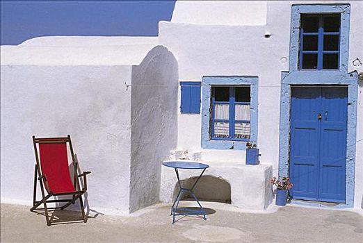 红色,折叠躺椅,蓝色,门,白宫,锡拉岛,希腊,欧洲,岛屿