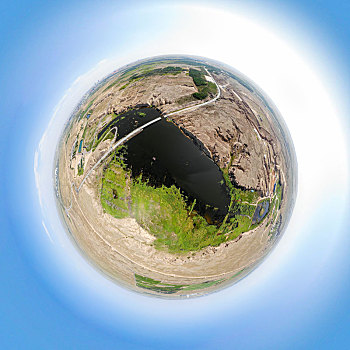 小行星视角,航拍宁夏银川水洞沟旅游区球形全景图