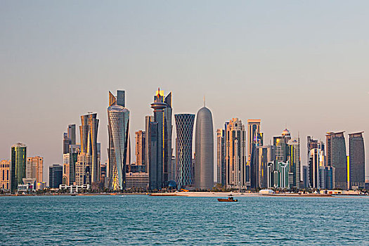 卡塔尔,多哈,城市,滨海路,西部,湾,天际线,日落