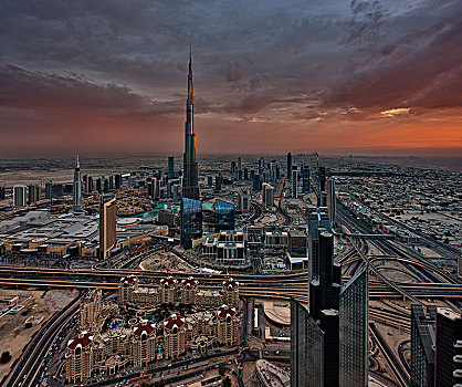 城市,迪拜,阿联酋,黄昏,哈利法,摩天大楼,远景