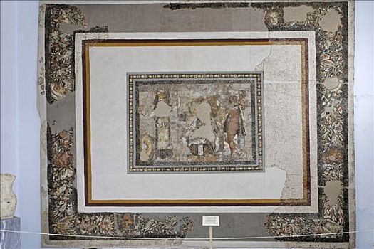 镶嵌图案,地面,展示,左边,赫耳墨斯,右边,博物馆,得洛斯,希腊