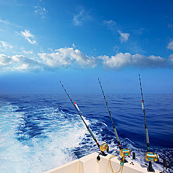 船,钓鱼,深,蓝色,海洋,外滨
