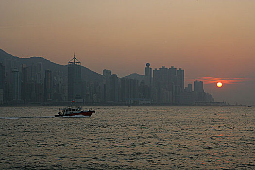 日落,上方,维多利亚港,西部,九龙,香港