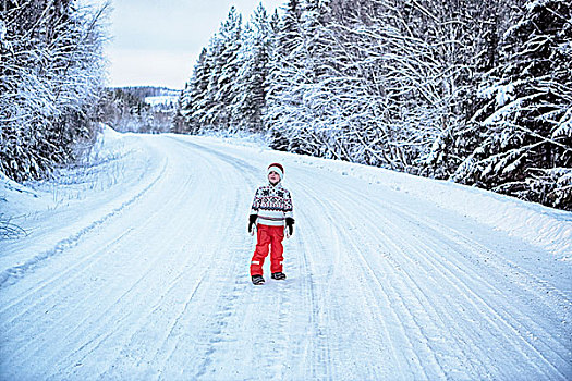 男孩,仰视,积雪,公路,瑞典