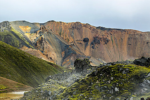 冰岛,兰德玛纳,绿色,苔藓,刈痕,蒸汽,正面,流纹岩,山,彩色,亮光