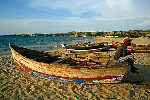 渔民,坐,船,靠近,拜亚,安哥拉