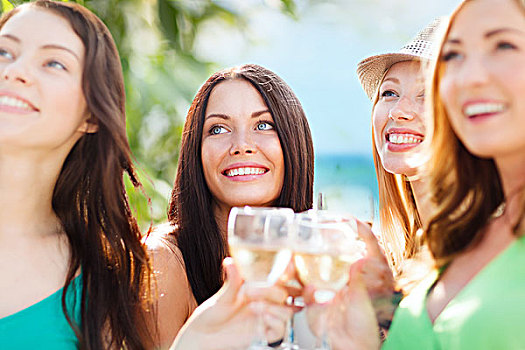 暑假,度假,庆贺,女孩,香槟,玻璃杯