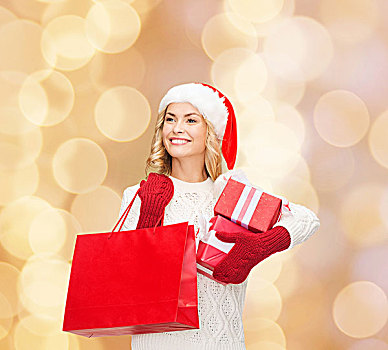 高兴,寒假,圣诞节,人,概念,微笑,少妇,圣诞老人,帽子,礼盒,购物袋,上方,米色,背景