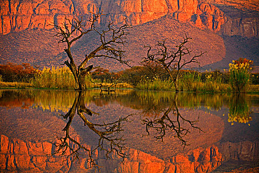 日落,反射,湖,林波波河,省,南非,八月,2006年