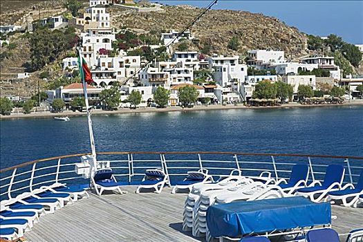 休闲椅,平台,船,帕特莫斯岛,多德卡尼斯群岛,希腊