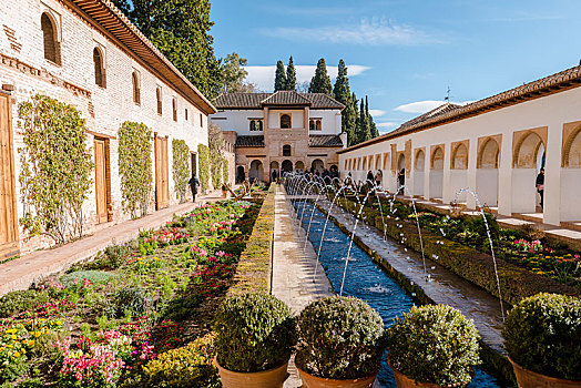 花园,喷泉,内庭,水渠,轩尼洛里菲花园,颐和园,格拉纳达,安达卢西亚,西班牙,欧洲