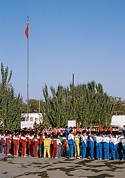 中国,新疆,吐鲁番,学生,站立,排列,早晨,校园