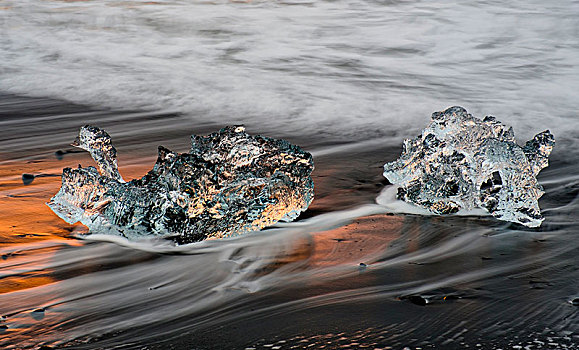 冰,大块,火山岩,海滩,靠近,杰古沙龙湖,南方,区域,冰岛,欧洲