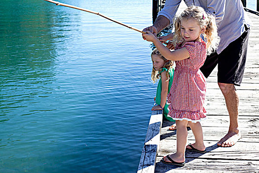 成熟,男人,女儿,钓鱼,码头,新西兰