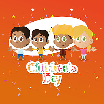 儿童节,一群孩子,橙色背景,文字,星