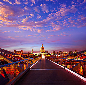 伦敦,千禧桥,日落,天际线,英国,黄昏