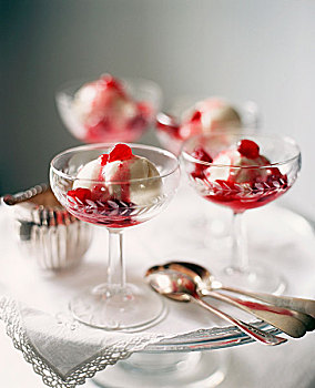 香草冰淇淋,蔓越莓沙司,玻璃盘,勺子
