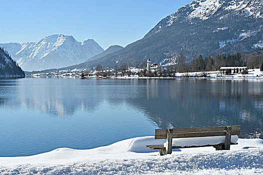 风景,长椅,满,雪,靠近,湖,冬天,施蒂里亚,奥地利